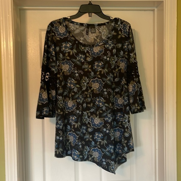 new directions Tops - New Directions - black with blue, tan, moss green floral top - Lacey - 1X